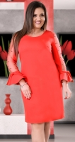 Красное коктейльное платье с жемчугом