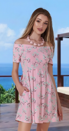 Нежное платье с открытыми плечиками № 3156, розовое