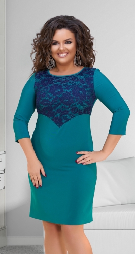Двухцветное нарядное платье с гипюром № 32651,изумрудно-синее