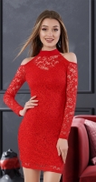 Короткое гипюровое платье с открытыми плечиками № 3635,красное