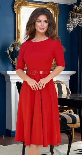 Красивое платье "миди" с расклешённой юбкой и ремешком № 3928,красное